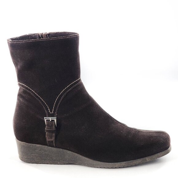 LA CANADIENNE Waterproof Suede Ankle Bootie Square Toe Low Wedge Brown - Picture 1 of 9